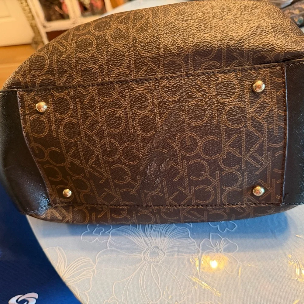 Calvin Klein Brown Monogram Satchel with Tan Handles